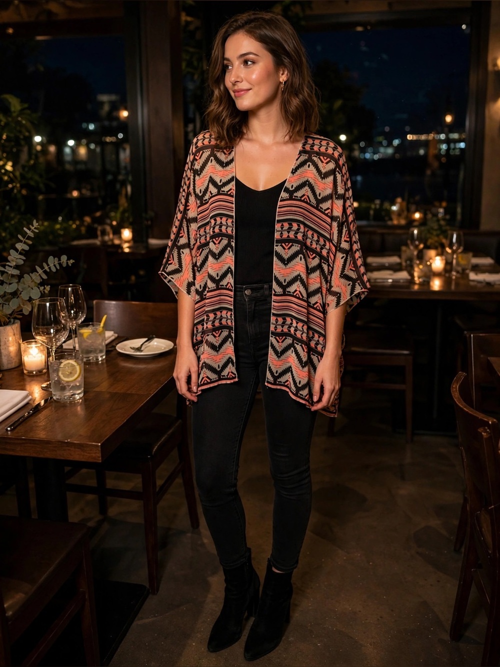 Rue21 Black & Coral Aztec Open-Front Kimono